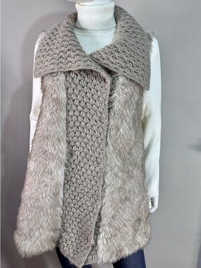 Knit and Faux Fur Open Front/Button Up Vest in Taupe